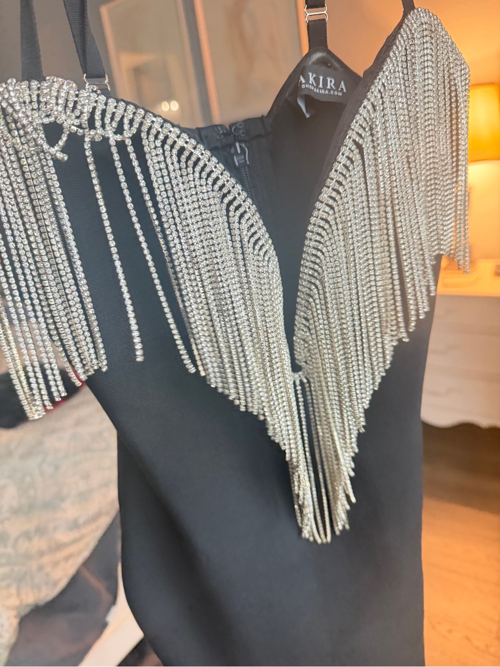 Black Strapless Midi Dress Rhinestone Tassels